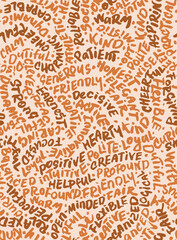 Positive Vibes Hand Drawn Vector Seamless Pattern. 1970s Hippies Beige Calligraphy Hand Drawn with a Brush. List of Positive Traits Arranged to Form a Puzzle. 