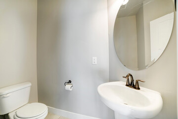 Small bathroom with toilet and pedestal sink with oval mirror
