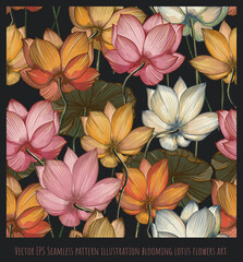 Obraz na płótnie Canvas Seamless pattern illustration blooming lotus flowers.