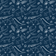 Hand drawn dinosaur pattern. Children decorative ornament with cute dinosaurs.