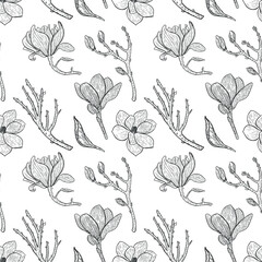 Line art doodle drawing. Hand drawn seamless pattern with magnolia flowers.