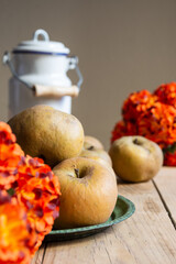 Close-up of pippin apples on wooden table with orange flowers and kettle, selective focus, gray background, vertical