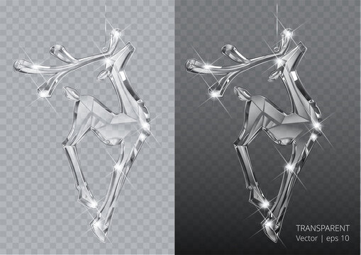 Vector realistic transparent Christmas crystal deer decoration on abstract background. Glass sparkling translucent crystals