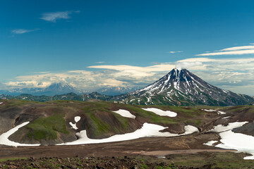 Kamchatka landscape on volcano from top of view