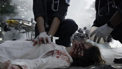 Team of paramedics doing heart massage for woman on road - Powered by Adobe