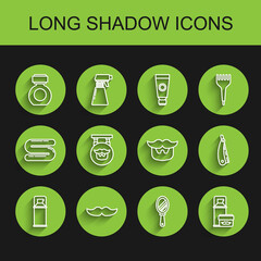 Set line Shaving gel foam, Mustache, Aftershave, Hand mirror, Barbershop, Straight razor and beard icon. Vector