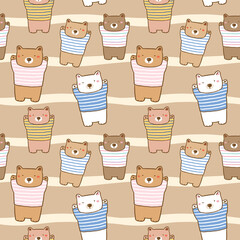Seamless Pattern of Cartoon Bear Design on Light Brown Background with Yellow Wavy Lines