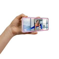 Young man with smartphone having video call with girlfriend online