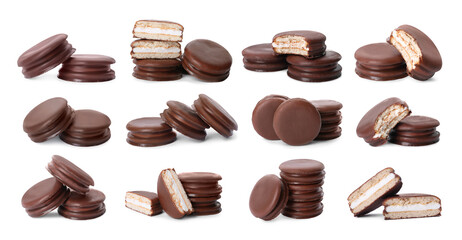 Set with tasty choco pies on white background. Banner design © New Africa