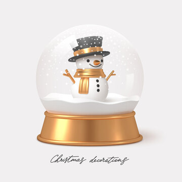 Realistic 3d render snowglobe with snowman. Christmas decoration. Vector illustration.