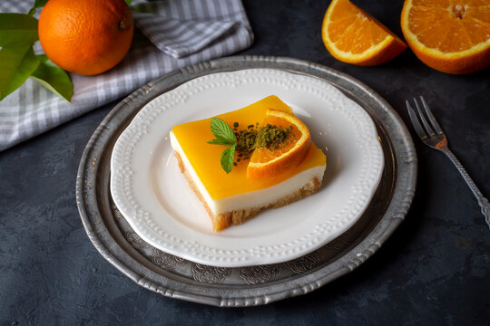 A delicious Turkish dessert; Etimek dessert with orange, orange cake, orange milk cake (Turkish name; Portakalli etimek tatlisi)