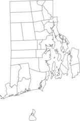 White blank vector administrative map of the Federal State of Rhode Island, USA with black borders of its municipalities