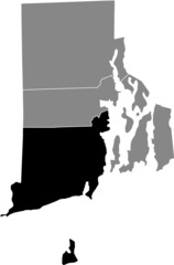 Black highlighted location map of the Washington County inside gray administrative map of the Federal State of Rhode Island, USA