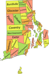 Pastel vector administrative map of the Federal State of Rhode Island, USA with black borders and name tags of its municipalities