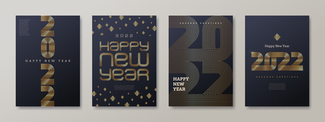 Set of greeting card with golden 2022 New Year logo. New year golden sign, Vector illustration. Holiday design for greeting card, invitation, cover, calendar, etc