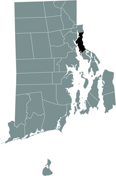 Black highlighted location map of the East Providence inside gray administrative map of the Federal State of Rhode Island, USA