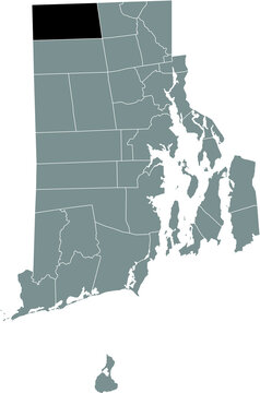 Black highlighted location map of the Burrillville inside gray administrative map of the Federal State of Rhode Island, USA