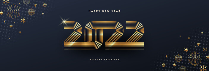 2022 new year logo. Greeting design with golden  number of year and snowflakes. Design for greeting card, invitation, calendar, etc.