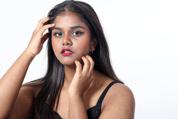 Fototapeta premium Young attractive Asian Indian woman pose face body expression mode emotion on white background pretty hand on face