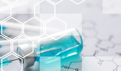 small jars with injection and syringe for injection on a blue background near the chemical formula