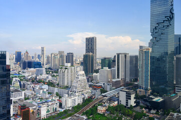 Cityscape of modern buildings and urban architecture. Aerial view of Bangkok city in Thailand