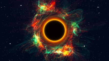 Supernova explosion with 3d render sucking matter into infinite space. Gravitational apocalypse with futuristic glow. Ecumenical armageddon with bright destruction of solar system.