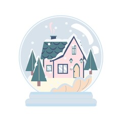 Fototapeta na wymiar Small House and chrictmas tree in snow globe.