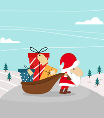 Santa Claus holding a sack with presents. Christmas banner, poster, cover, greeting card, postcard template. Vector illustration. Winter holidays.