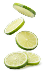 Lime cut into slices drops on a white background, lime levitating. Isolated