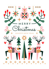 Pretty delicate Merry Christmas greeting card design on white with festive colorful reindeer, ornaments and holly around central text, colored vector illustration