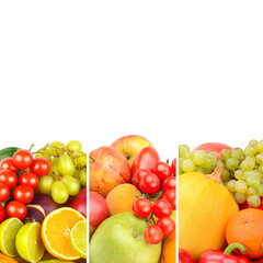 Fruits and vegetables isolated on a white . Free space for text. Collage