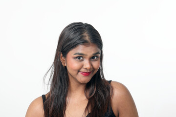 Young attractive Asian Indian woman pose face body expression mode emotion on white background...