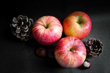 trio de pommes rainettes, de pin et marrons