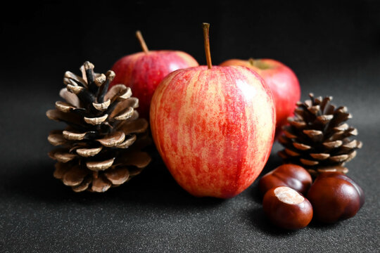 trio de pommes rainettes, de pin et marrons