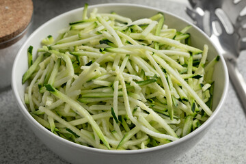 Bowl with fresh cut zucchini noodles close up
