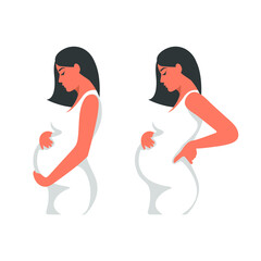 Naklejka na ściany i meble A pregnant woman in two different positions, supports her abdomen and lower back with her hands. A young woman in profile with a large pregnant belly, in a white dress. Vector illustration.
