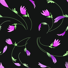 Fototapeta na wymiar Dynamic floral background on a black background. Pink and lilac flowers. Vector illustration. Used for printing wallpapers, fabrics, packaging, etc.