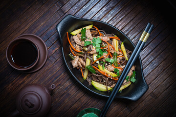 Asian style- restaurant background. Udon noodles with beef Wok