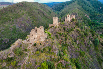 Fototapeta na wymiar Lastours medieval castles aerial shot