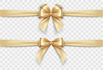 Set of satin decorative golden bows with horizontal yellow ribbon isolated on white background. Vector gold bow and gold ribbon
