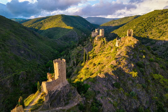 Lastours medieval castles aerial shot
