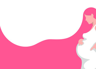 White and pink background, young pregnant woman with a big belly. Concept: site for pregnant women and mothers. Vector illustration, flat cartoon minimal design isolated on white background, eps 10.