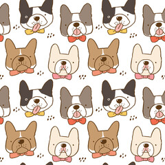 Seamless Pattern with Cartoon French Bulldog Face Design on White Background