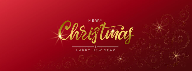 Fototapeta na wymiar Merry Christmas and Happy New Year 2022. Greeting card with hand drawn lettering and gold glittering spirals on red background. Panorama for holiday invitations, banner, poster. Vector illustration.