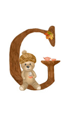 Letter G. The original children's autumn alphabet with a wonderful teddy bear, which learns the letters with the baby. Great choice for holiday decorations, children's cards, presentations or textbook