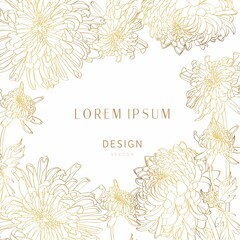 Golden greeting, invitation card template design with line Chrysanthemum flowers with hand drawn doodle graphics on white background. - 467987195