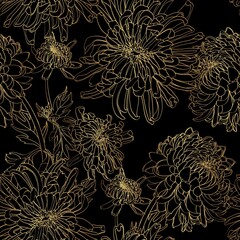 Seamless pattern with a golden Japanese Chrysanthemum Flowers natural ornament. Tropical vintage Chrysanthemum Flowers on black background. Exotic asian wallpaper.