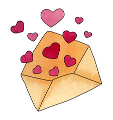 An open paper envelope from which pink hearts fly out. Watercolor cartoon hand drawn illustration
