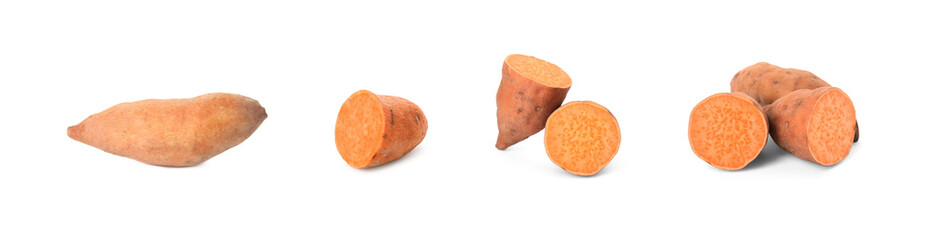 Set with whole and cut ripe sweet potatoes on white background. Banner design