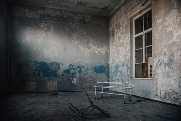 An old room with shabby walls in an abandoned building. Hospital gurney in the room. A ray of light on a shabby wall. Old broken window. - obrazy, fototapety, plakaty